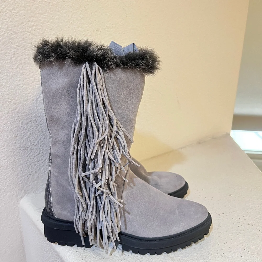 Women's Sam‎ Edelman Tilden Suede Fringe Snakeskin Winter Gray Boots Booties 7